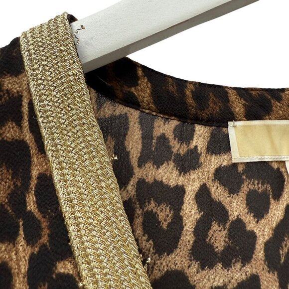 MICHAEL Michael Kors Leopard Print Top Medium Gold Metallic Trim Tunic Blouse - Picture 8 of 11